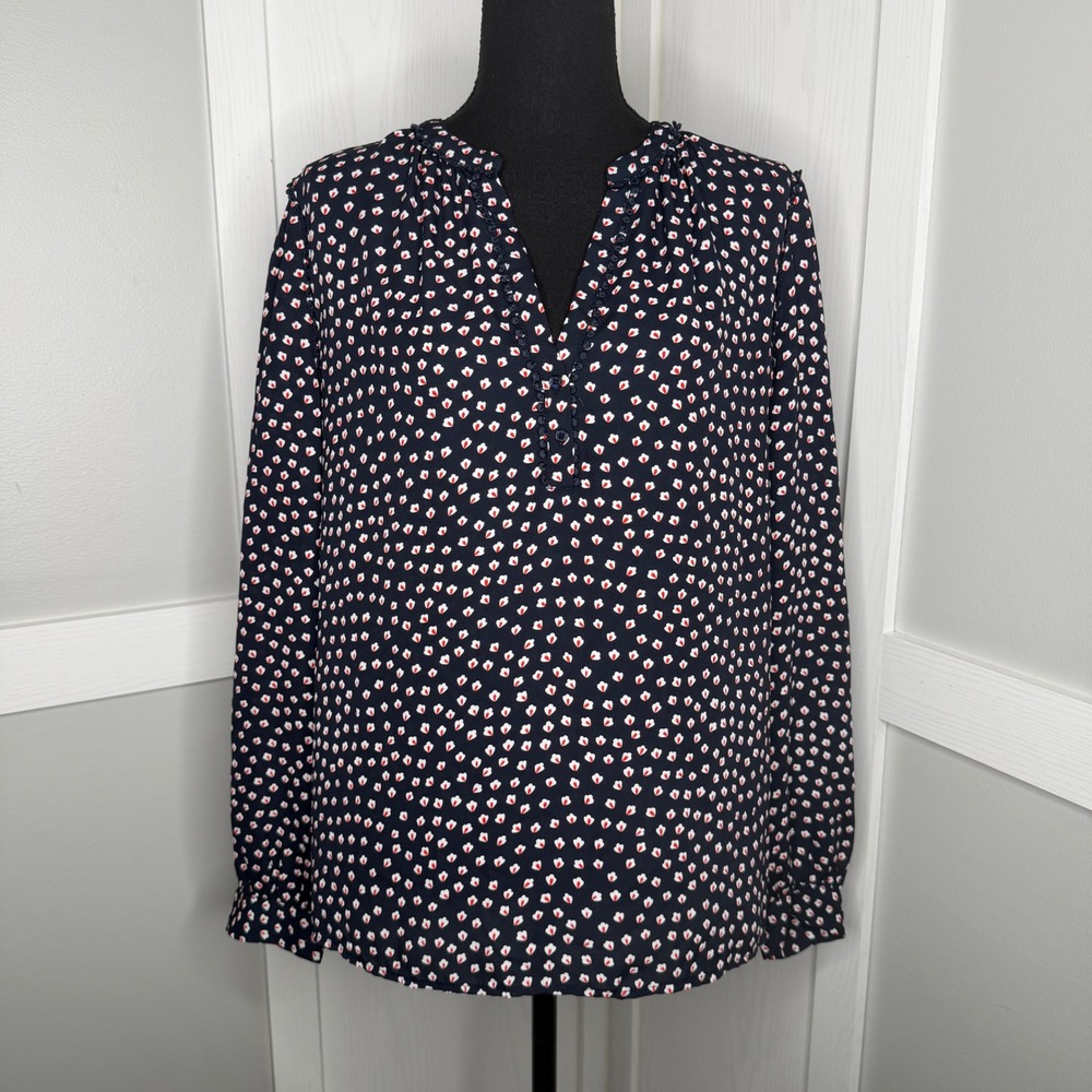 Banana Republic Blouse Womens Large Navy Blue Heart Print Pom Trim V-Neck Top